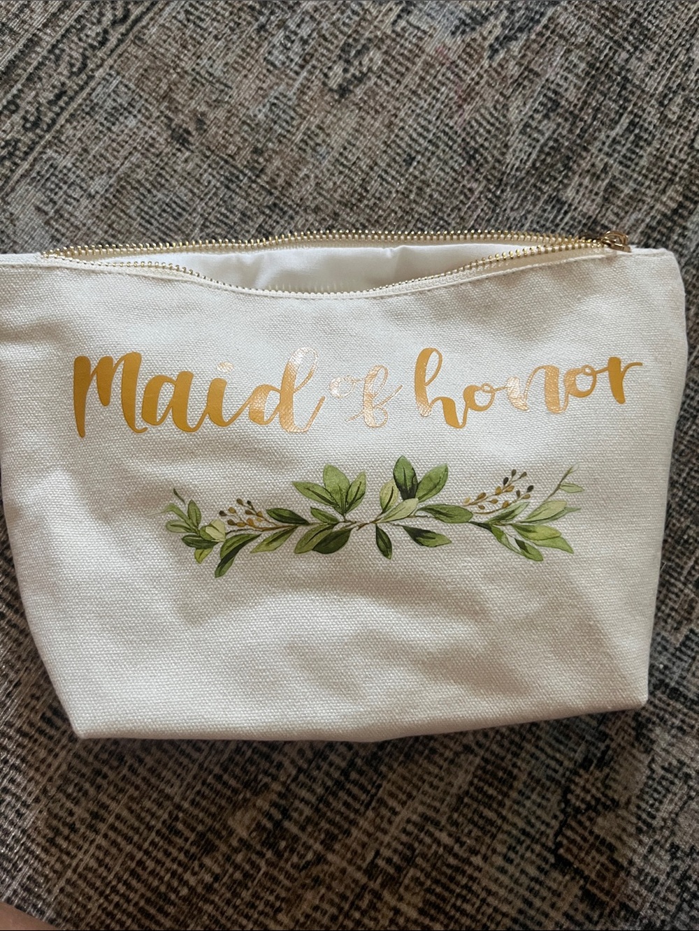 Maid of Honor Canvas Pouch in White with Green Leaf Accent